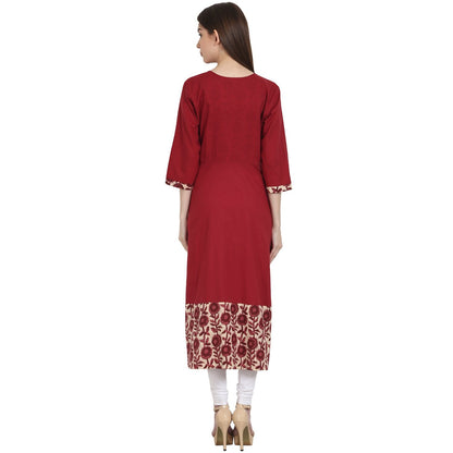 Maroon 3/4 Sleeve Cotton A-Line Kurta | LASVINI - Redefining Indian Fashion with Elegance