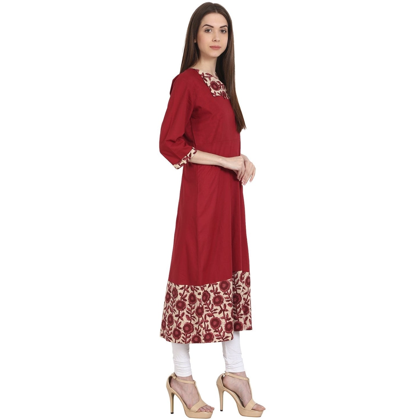 Maroon 3/4 Sleeve Cotton A-Line Kurta | LASVINI - Redefining Indian Fashion with Elegance