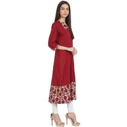 Maroon 3/4 Sleeve Cotton A-Line Kurta | LASVINI - Redefining Indian Fashion with Elegance