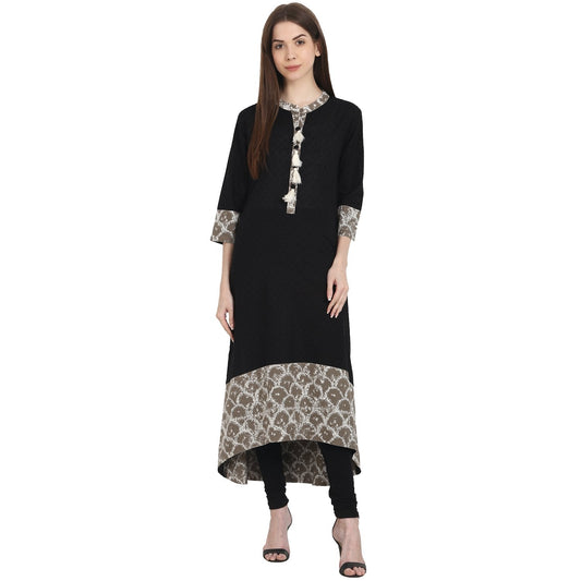Black 3/4 Sleeve Cotton Low High Kurta | LASVINI - Redefining Indian Fashion with Elegance