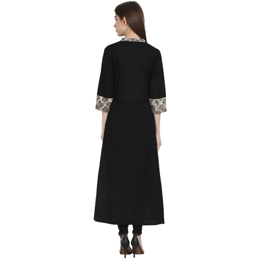 Black 3/4 Sleeve Cotton Low High Kurta | LASVINI - Redefining Indian Fashion with Elegance