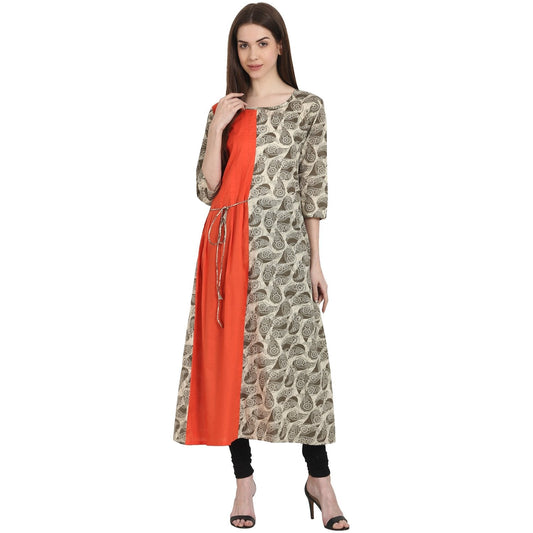 Beige Printed 3/4 Sleeve Cotton Anarkali Kurta | LASVINI - Redefining Indian Fashion with Elegance
