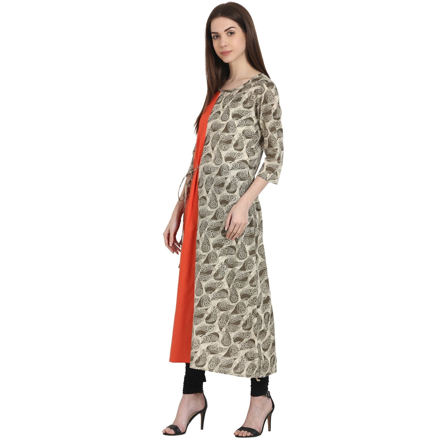 Beige Printed 3/4 Sleeve Cotton Anarkali Kurta | LASVINI - Redefining Indian Fashion with Elegance