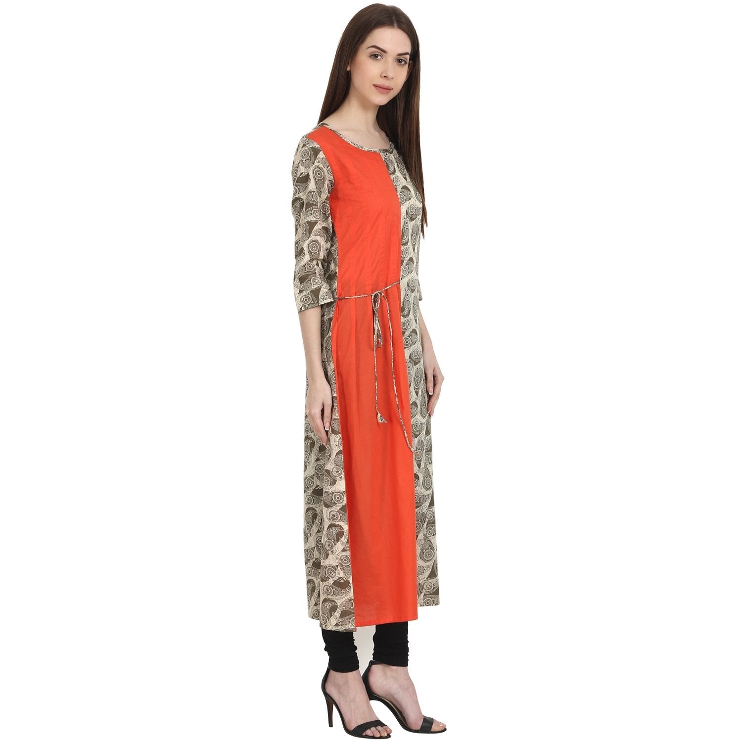 Beige Printed 3/4 Sleeve Cotton Anarkali Kurta | LASVINI - Redefining Indian Fashion with Elegance