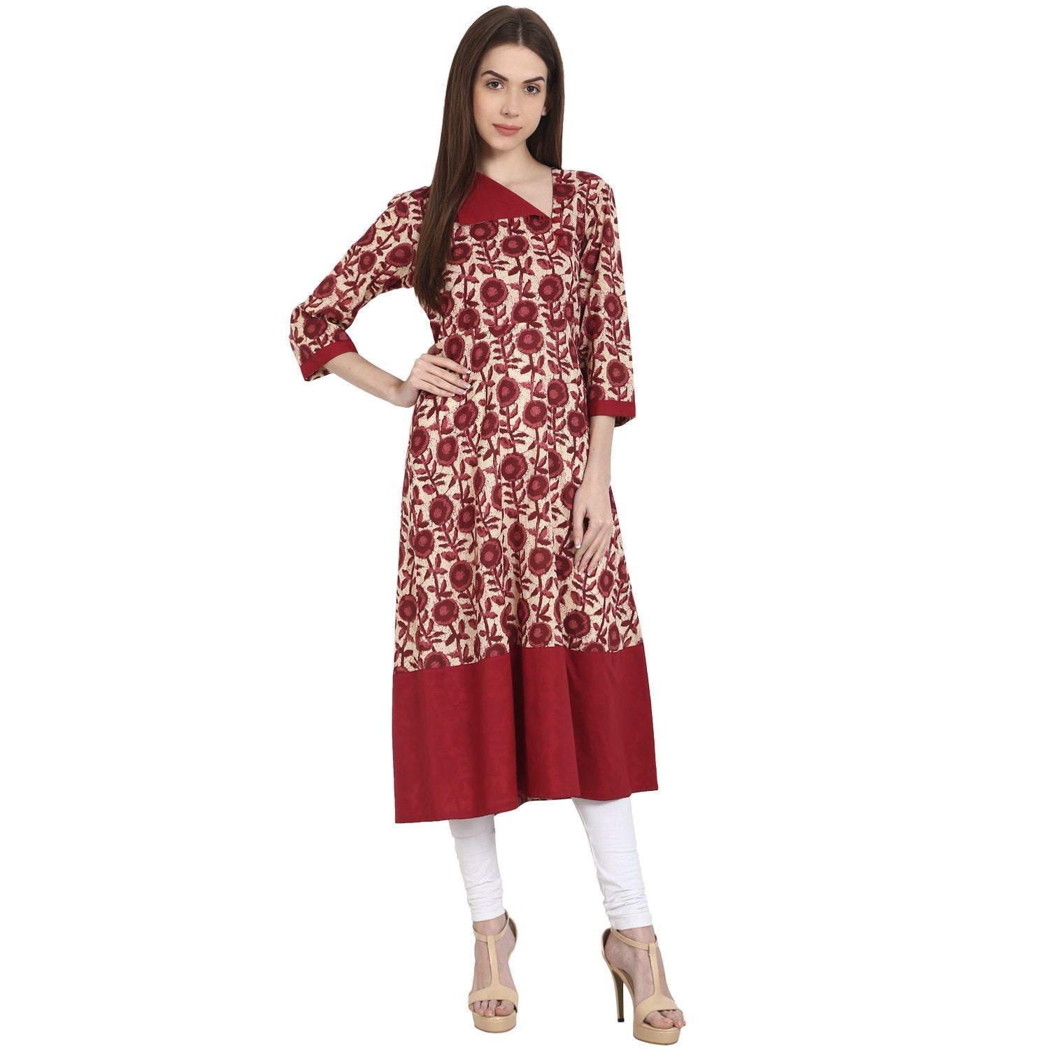 Maroon Printed 3/4 Sleeve Cotton A-Line Kurta | LASVINI - Redefining Indian Fashion with Elegance