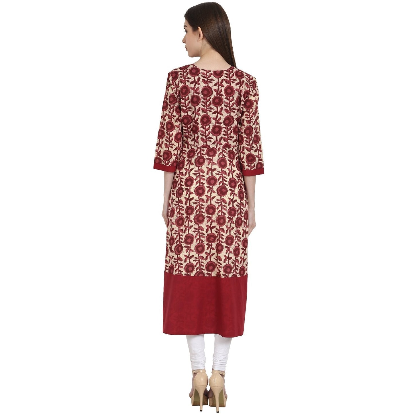 Maroon Printed 3/4 Sleeve Cotton A-Line Kurta | LASVINI - Redefining Indian Fashion with Elegance