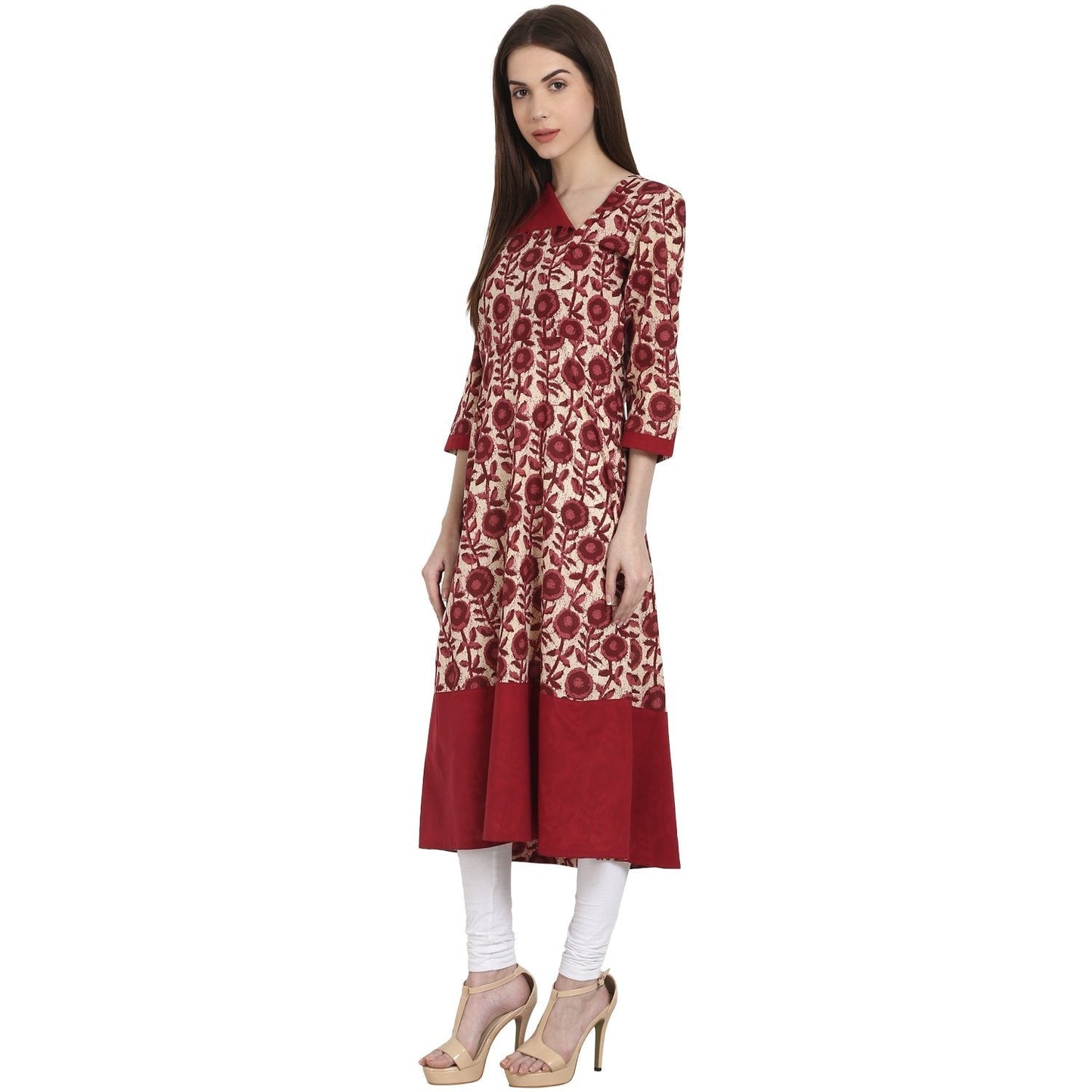Maroon Printed 3/4 Sleeve Cotton A-Line Kurta | LASVINI - Redefining Indian Fashion with Elegance