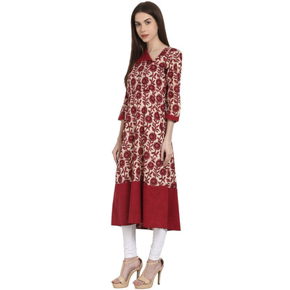 Maroon Printed 3/4 Sleeve Cotton A-Line Kurta | LASVINI - Redefining Indian Fashion with Elegance