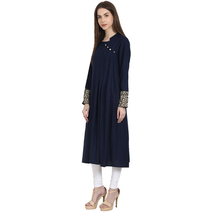 Blue Full Sleeve Cotton A-Line Kurta | LASVINI - Redefining Indian Fashion with Elegance