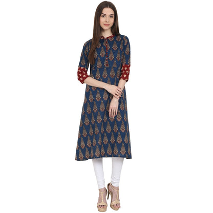 Blue Printed 3/4 Sleeve Cotton A-Line Kurta | LASVINI - Redefining Indian Fashion with Elegance