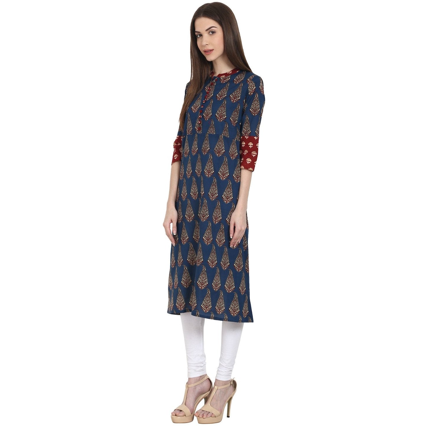 Blue Printed 3/4 Sleeve Cotton A-Line Kurta | LASVINI - Redefining Indian Fashion with Elegance