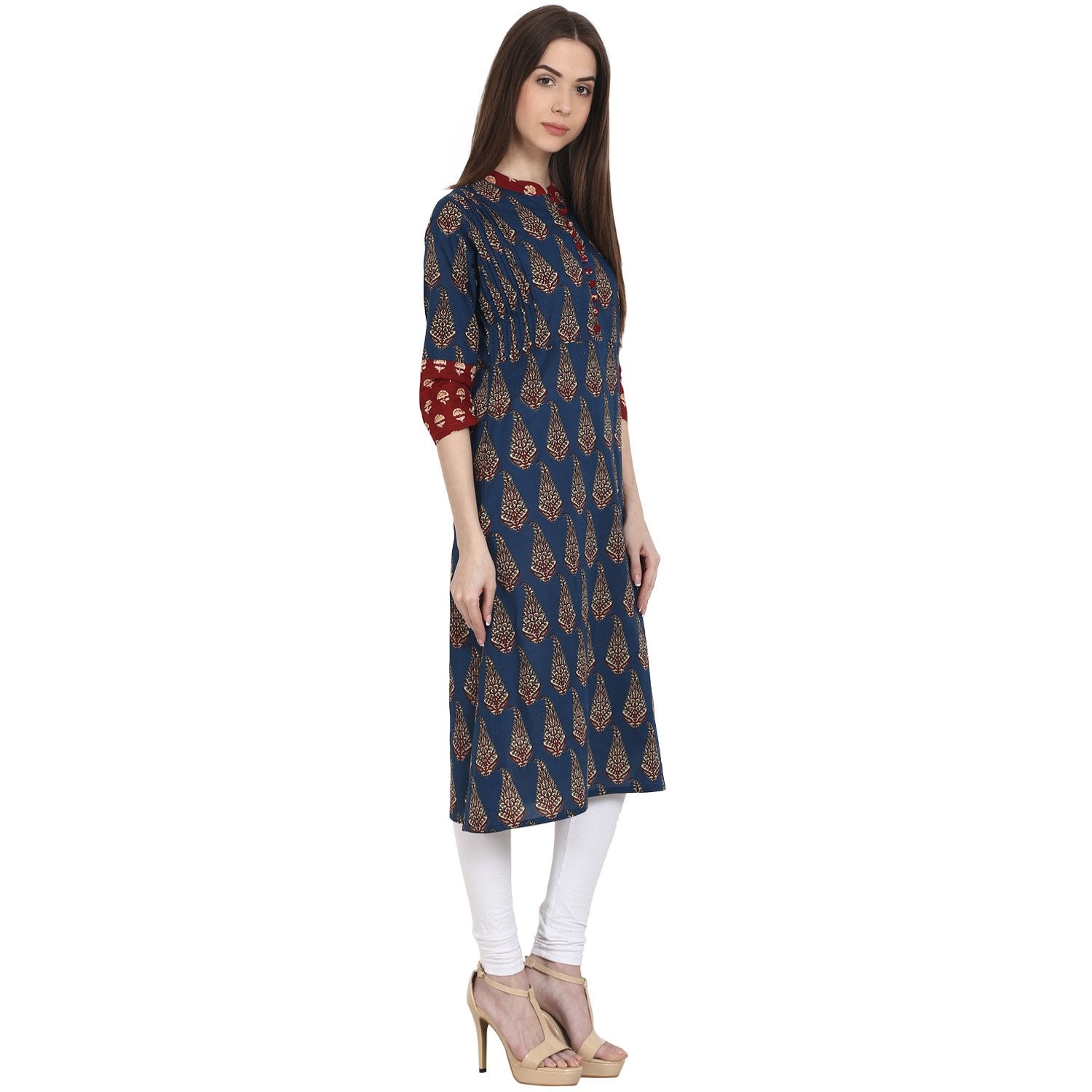 Blue Printed 3/4 Sleeve Cotton A-Line Kurta | LASVINI - Redefining Indian Fashion with Elegance
