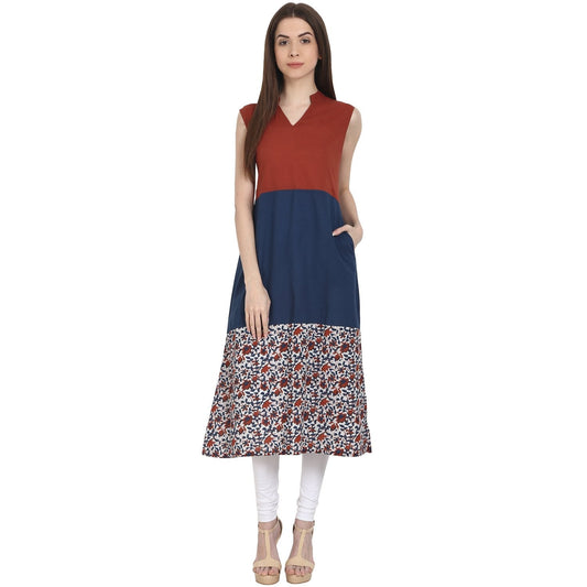 Multi Printed Sleevless Cotton A-Line Kurta | LASVINI - Redefining Indian Fashion with Elegance