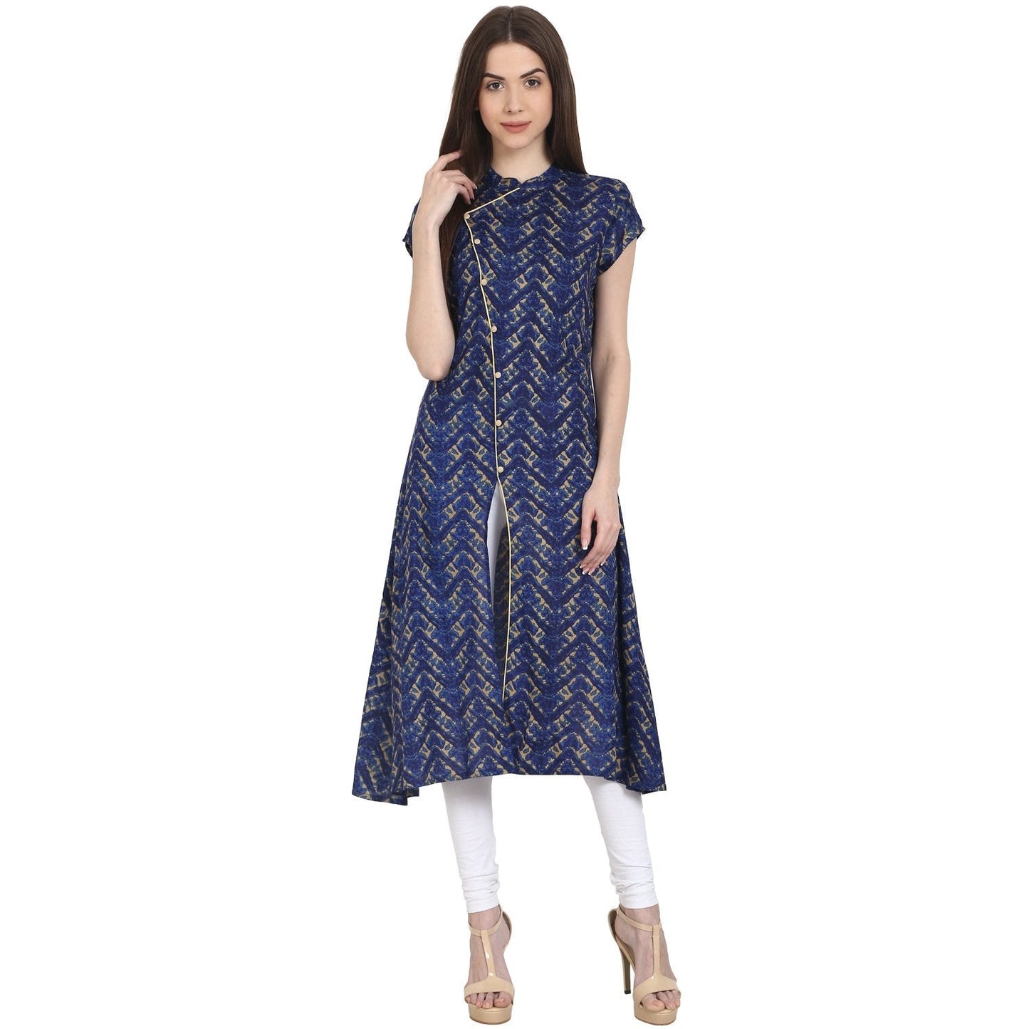 Blue Printed Cap Sleeve Rayon Front Open Kurta | LASVINI - Redefining Indian Fashion with Elegance