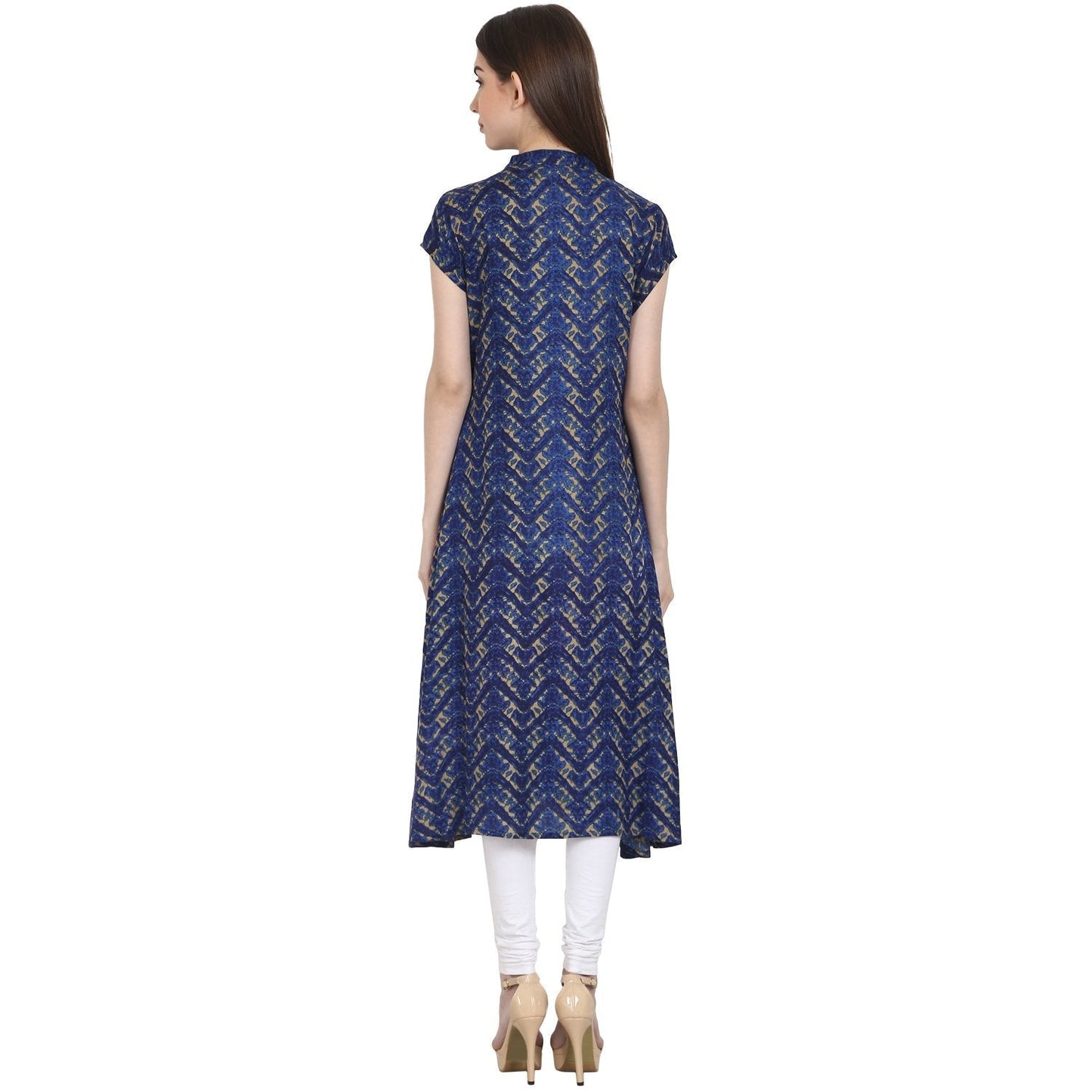 Blue Printed Cap Sleeve Rayon Front Open Kurta | LASVINI - Redefining Indian Fashion with Elegance