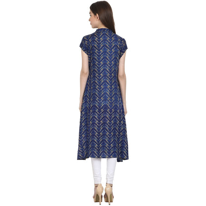 Blue Printed Cap Sleeve Rayon Front Open Kurta | LASVINI - Redefining Indian Fashion with Elegance