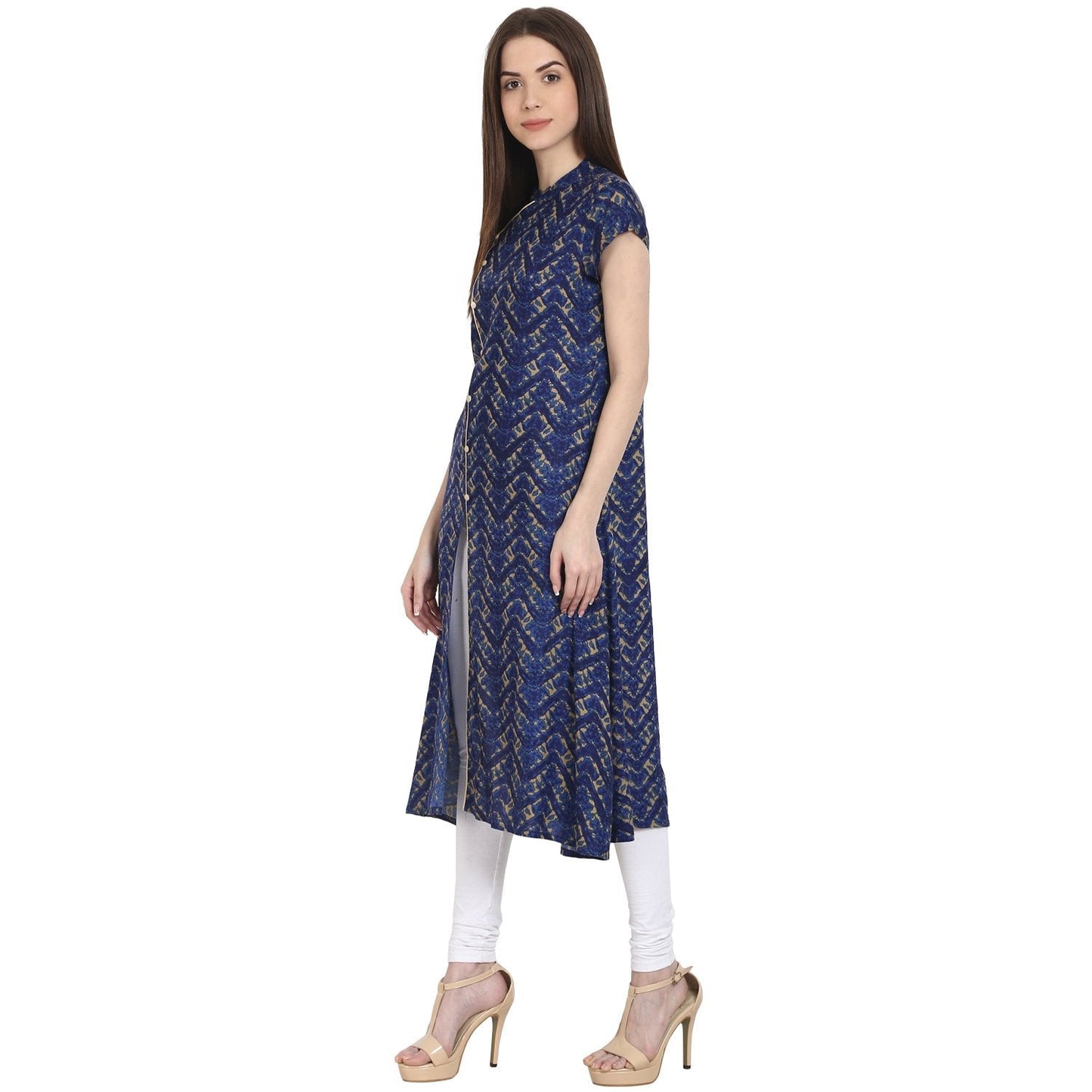 Blue Printed Cap Sleeve Rayon Front Open Kurta | LASVINI - Redefining Indian Fashion with Elegance