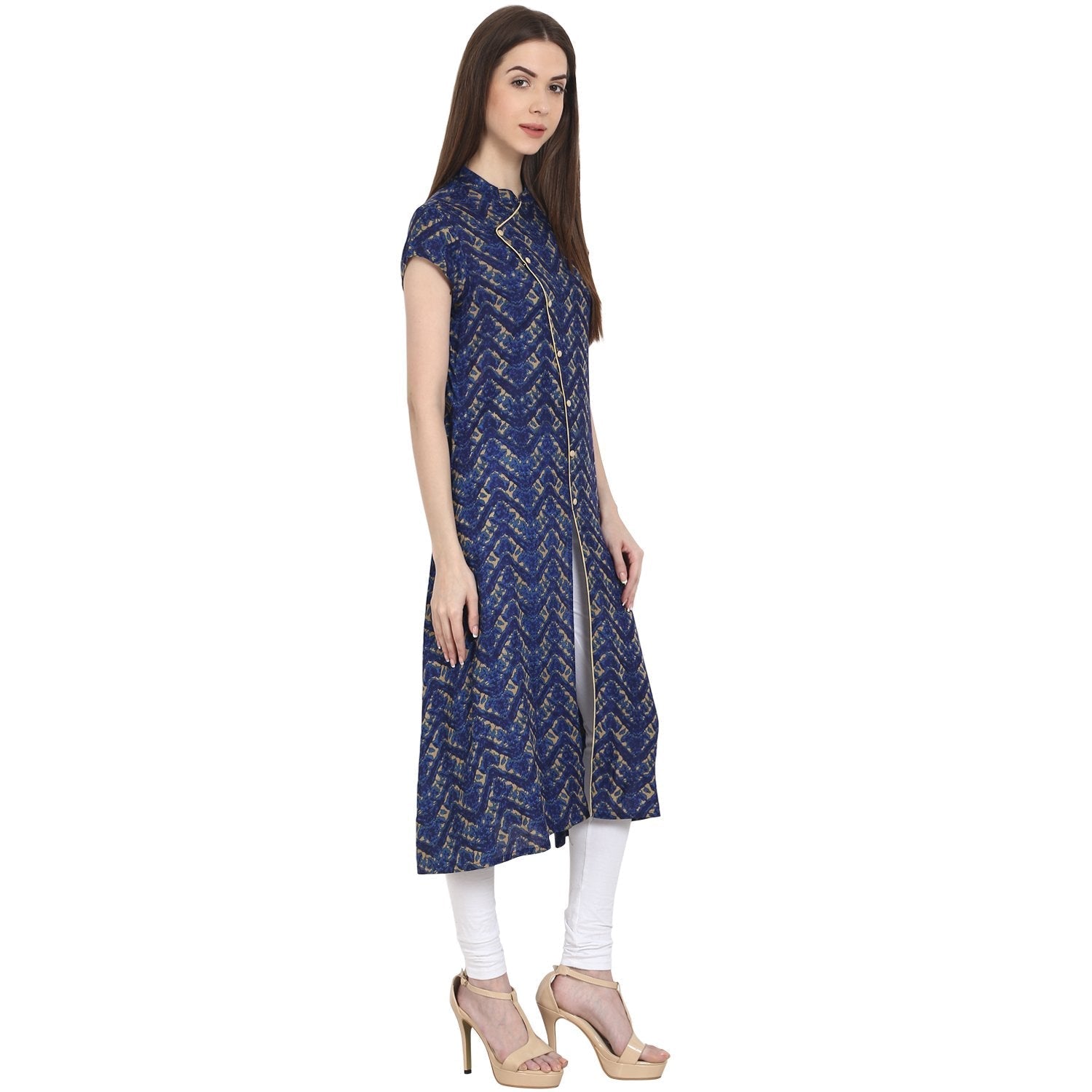 Blue Printed Cap Sleeve Rayon Front Open Kurta | LASVINI - Redefining Indian Fashion with Elegance
