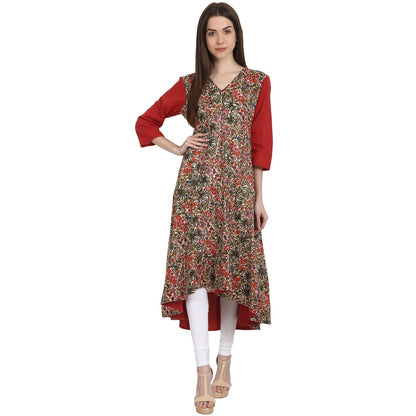 Multi Printed 3/4 Sleeve Cotton Low High Kurta | LASVINI - Redefining Indian Fashion with Elegance