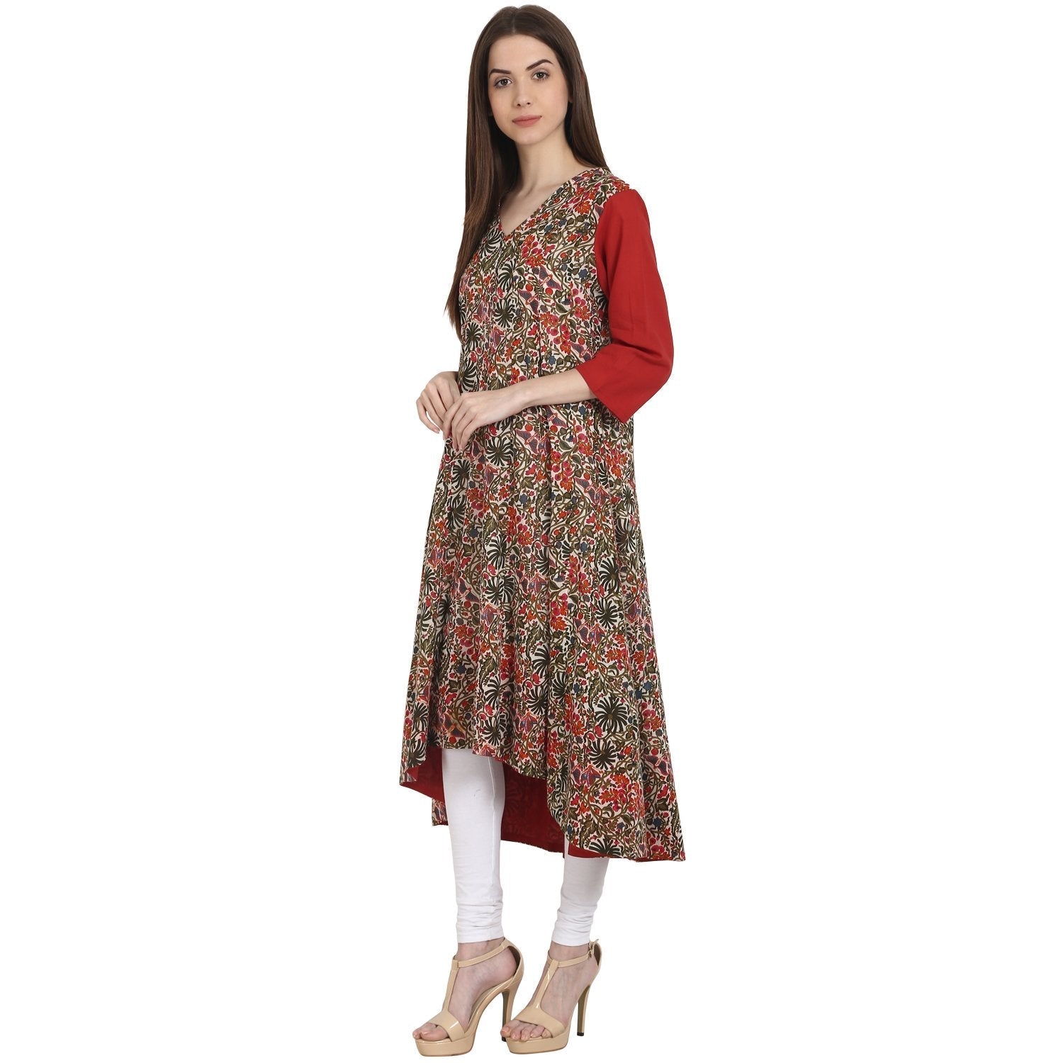 Multi Printed 3/4 Sleeve Cotton Low High Kurta | LASVINI - Redefining Indian Fashion with Elegance