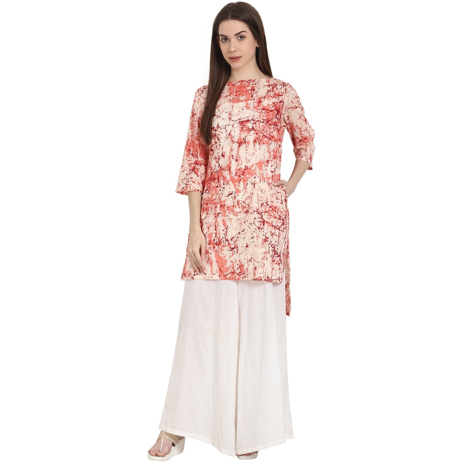 Peach Printed 3/4 Sleeve Low High  Cotton Kurta | LASVINI - Redefining Indian Fashion with Elegance