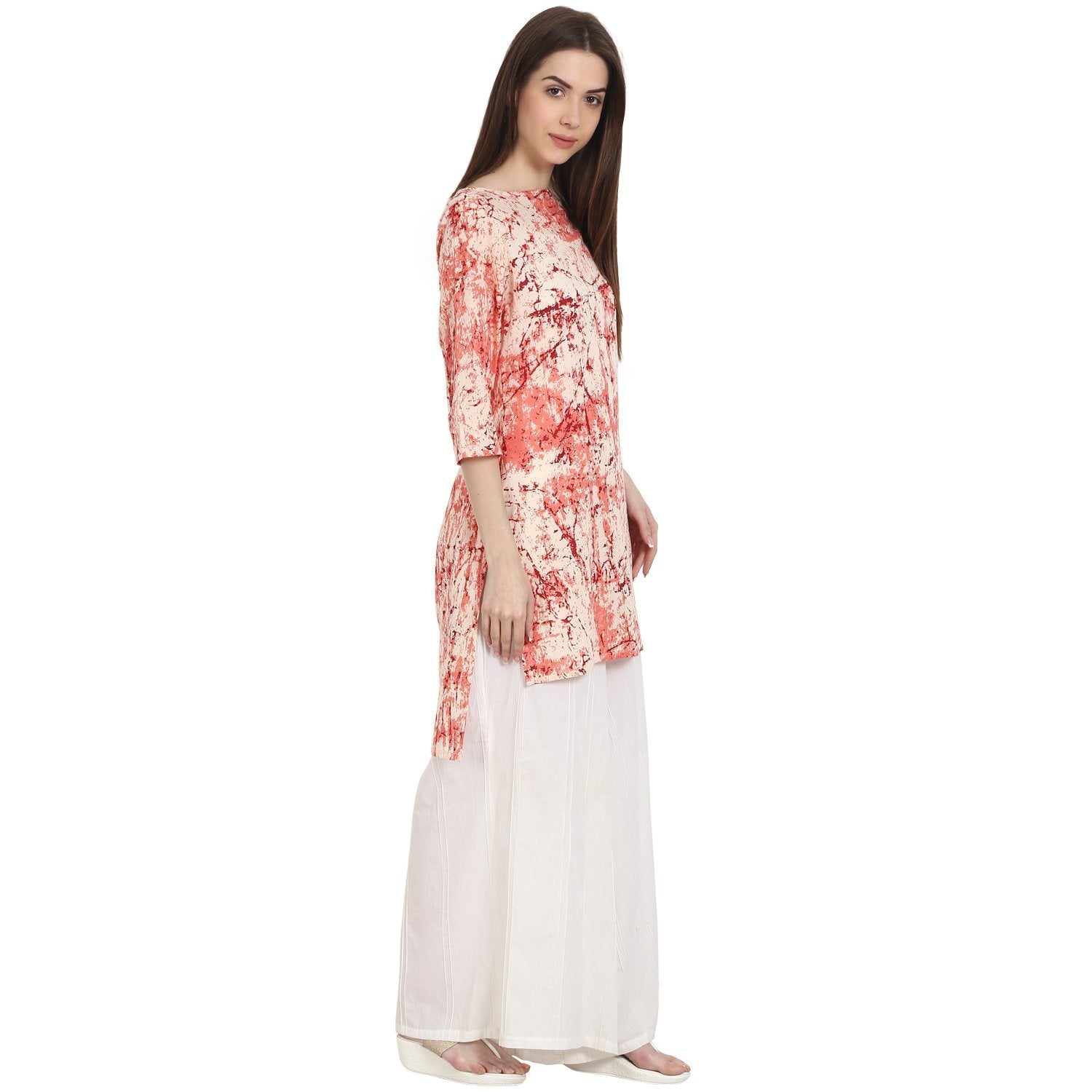 Peach Printed 3/4 Sleeve Low High  Cotton Kurta | LASVINI - Redefining Indian Fashion with Elegance