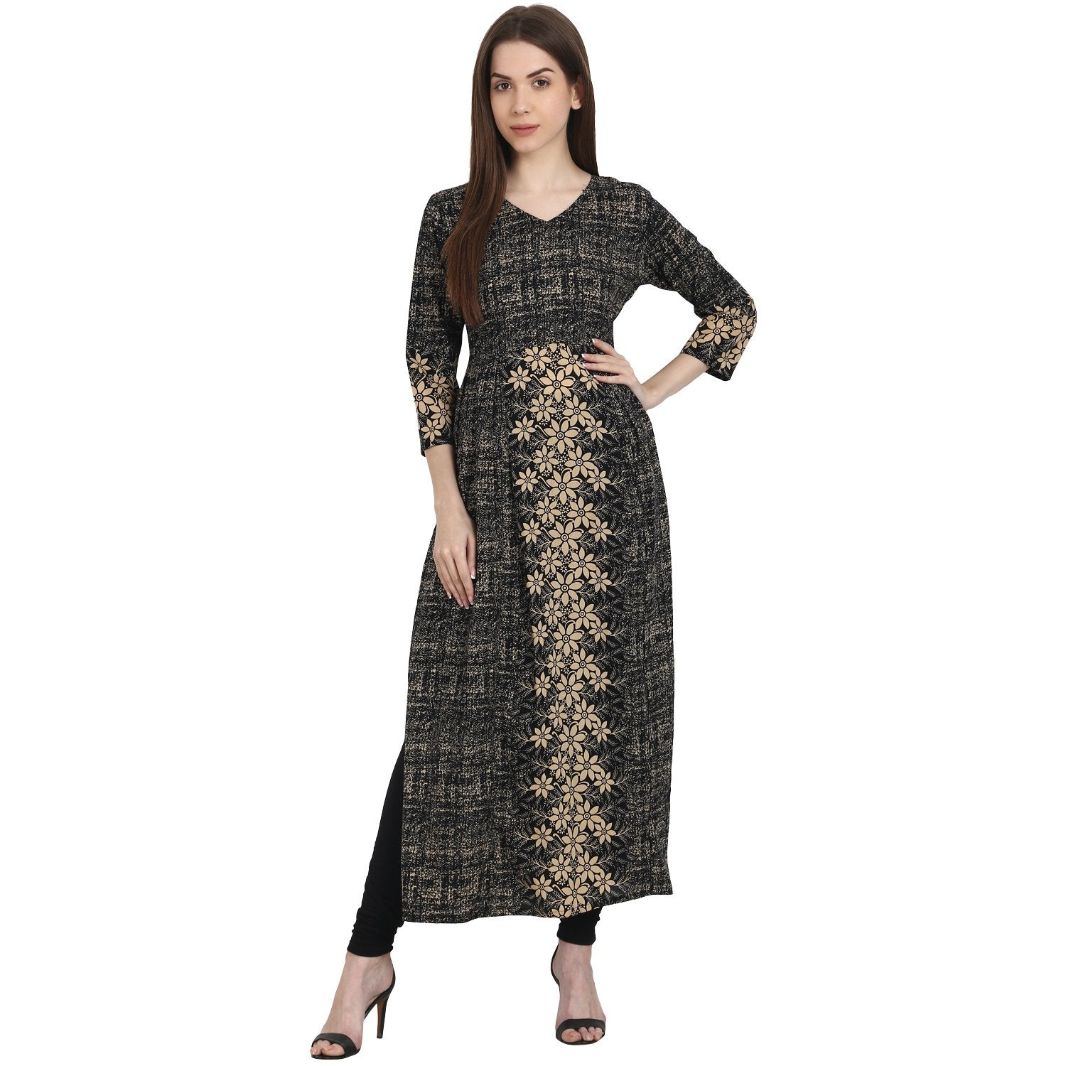 Dark Grey Printed 3/4 Sleeve Cotton Kurta | LASVINI - Redefining Indian Fashion with Elegance