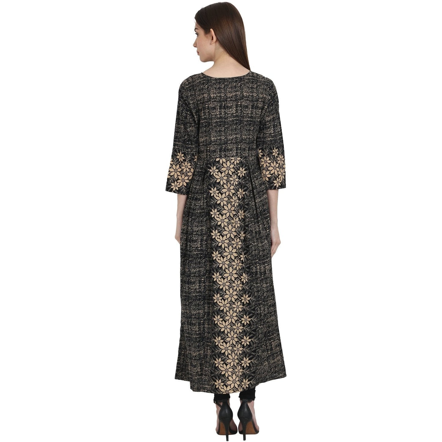 Dark Grey Printed 3/4 Sleeve Cotton Kurta | LASVINI - Redefining Indian Fashion with Elegance