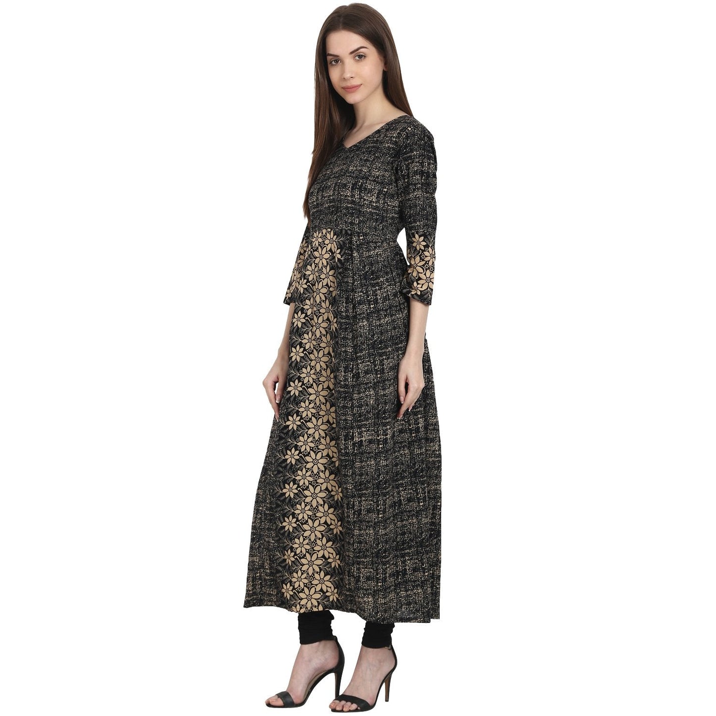 Dark Grey Printed 3/4 Sleeve Cotton Kurta | LASVINI - Redefining Indian Fashion with Elegance