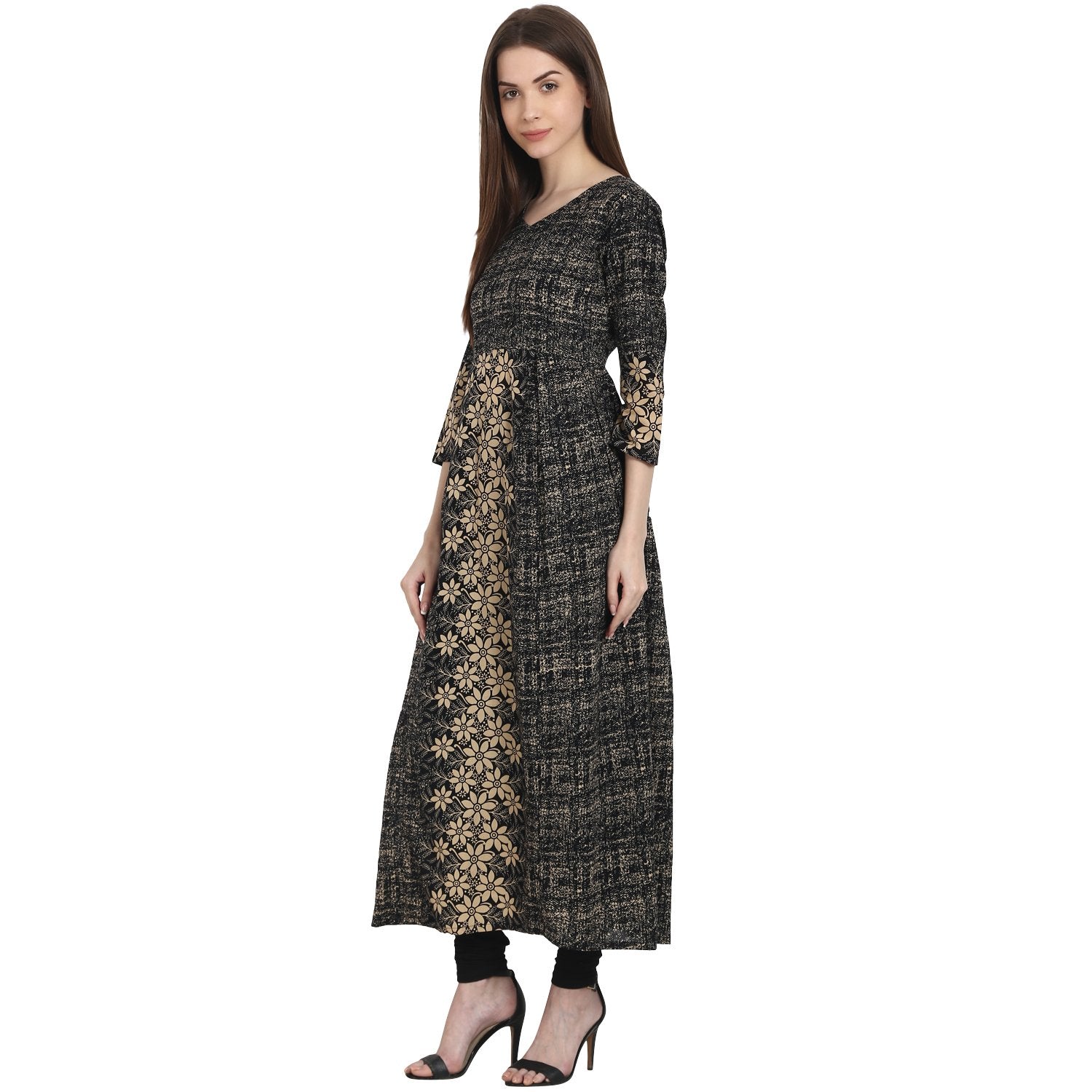 Dark Grey Printed 3/4 Sleeve Cotton Kurta | LASVINI - Redefining Indian Fashion with Elegance