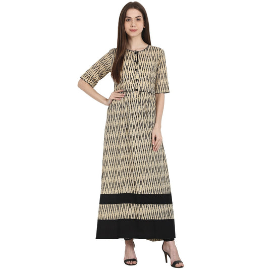 Beige Printed Half Sleeve Cotton Long Kurta | LASVINI - Redefining Indian Fashion with Elegance