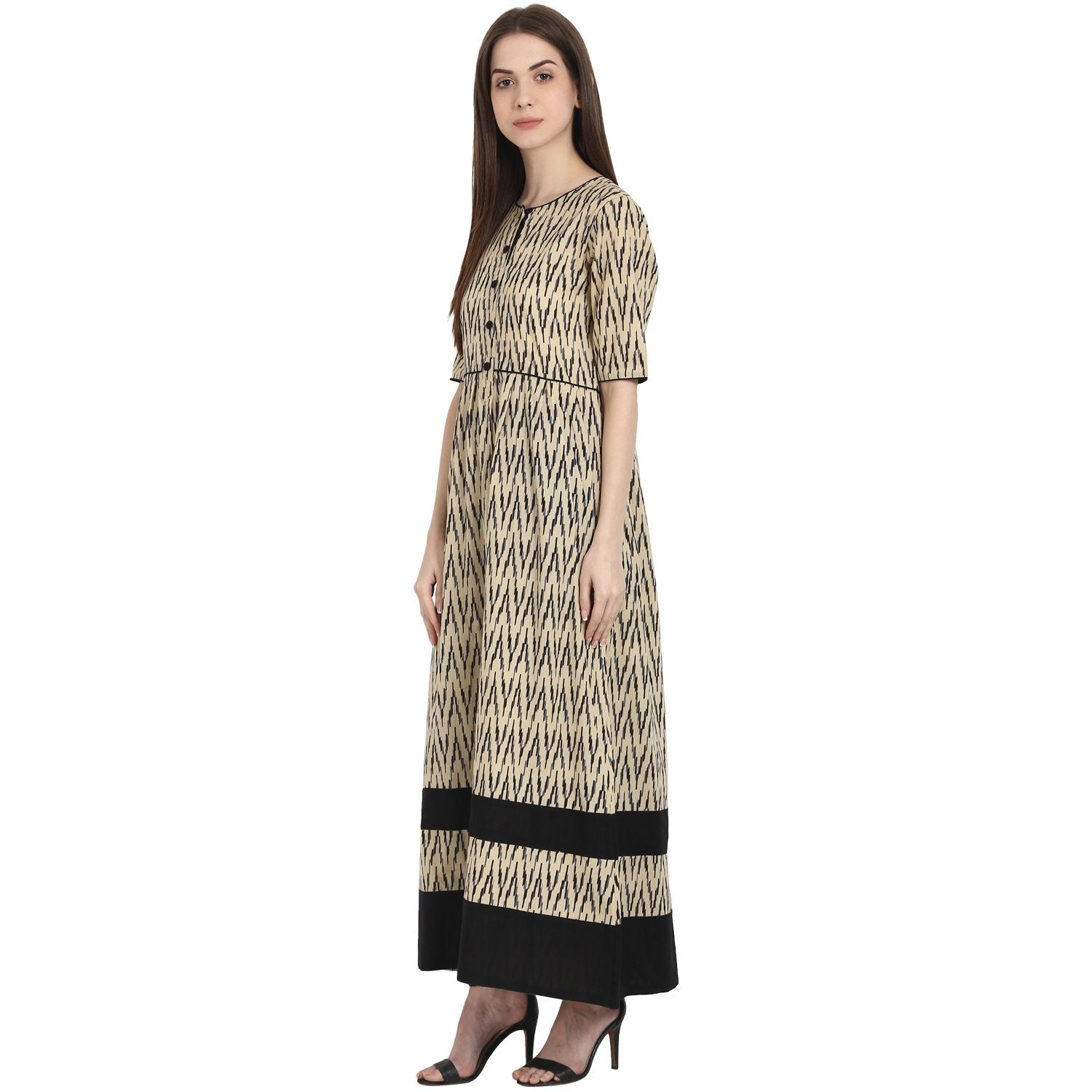 Beige Printed Half Sleeve Cotton Long Kurta | LASVINI - Redefining Indian Fashion with Elegance