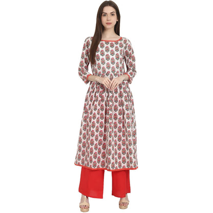 White & Red Printed 3/4 Sleeve Cotton A-Line Kurta | LASVINI - Redefining Indian Fashion with Elegance