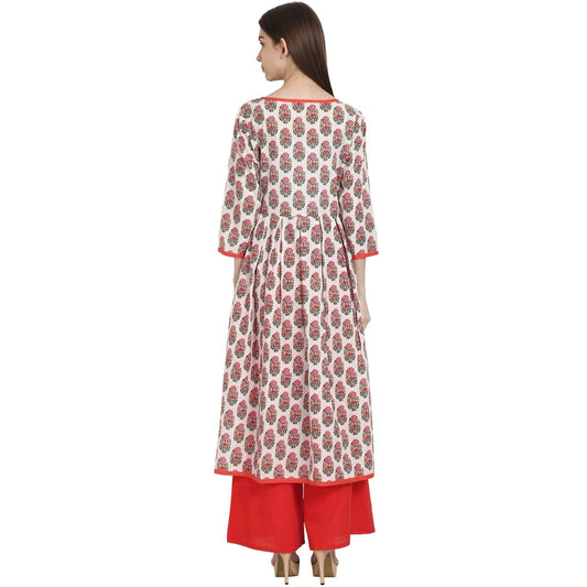 White & Red Printed 3/4 Sleeve Cotton A-Line Kurta | LASVINI - Redefining Indian Fashion with Elegance