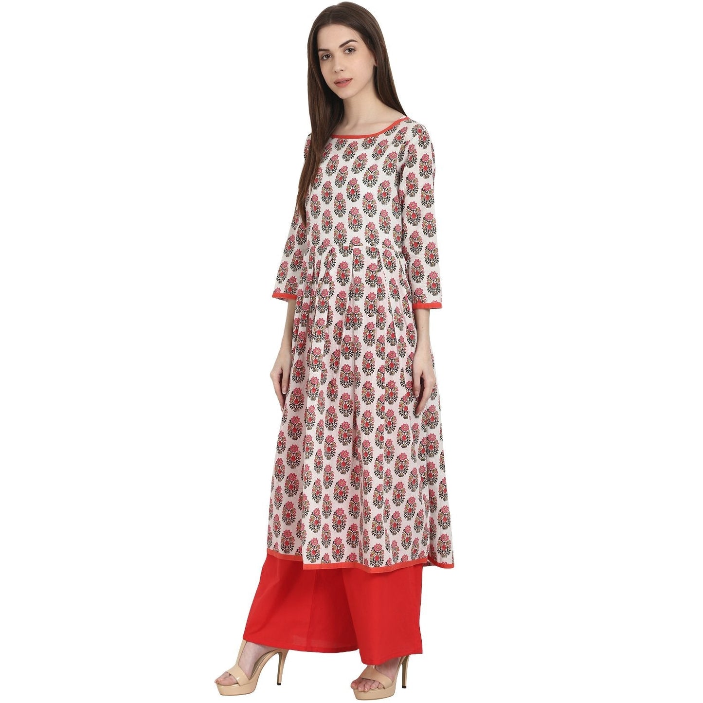 White & Red Printed 3/4 Sleeve Cotton A-Line Kurta | LASVINI - Redefining Indian Fashion with Elegance