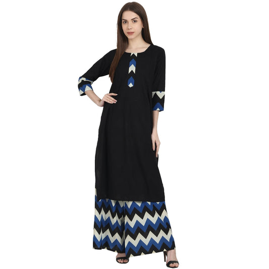 Black 3/4 Sleeve Kurta With Blue Printed Ankle Length Plazzo | LASVINI - Redefining Indian Fashion with Elegance