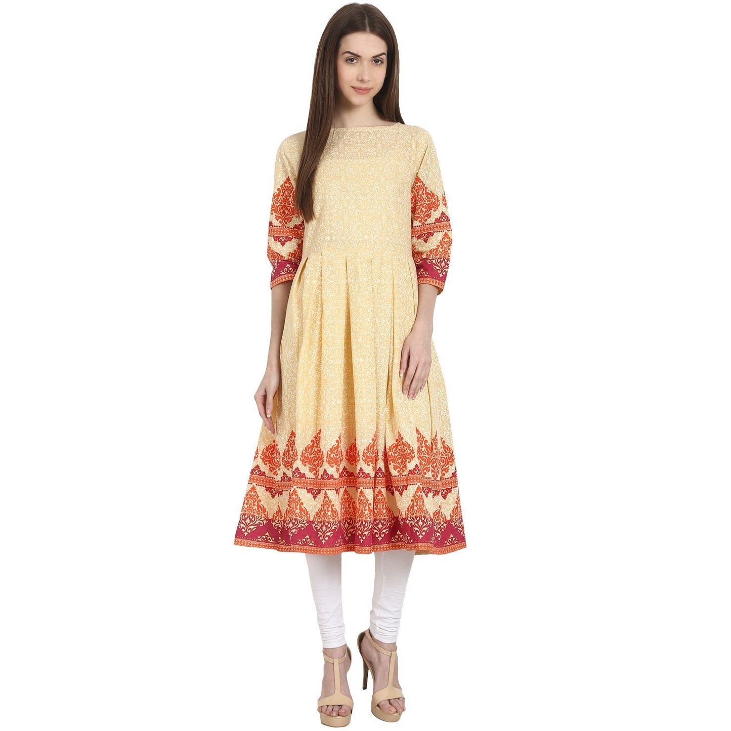 Peack Printed 3/4 Sleeve Cotton Anarkali Kurta | LASVINI - Redefining Indian Fashion with Elegance
