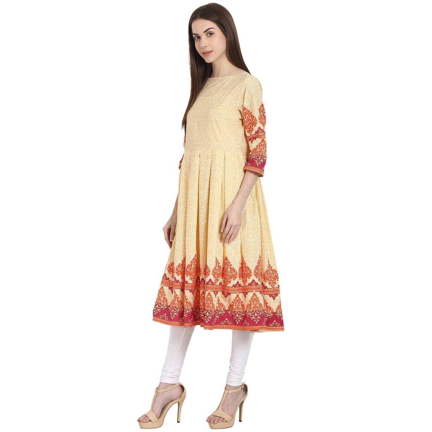 Peack Printed 3/4 Sleeve Cotton Anarkali Kurta | LASVINI - Redefining Indian Fashion with Elegance