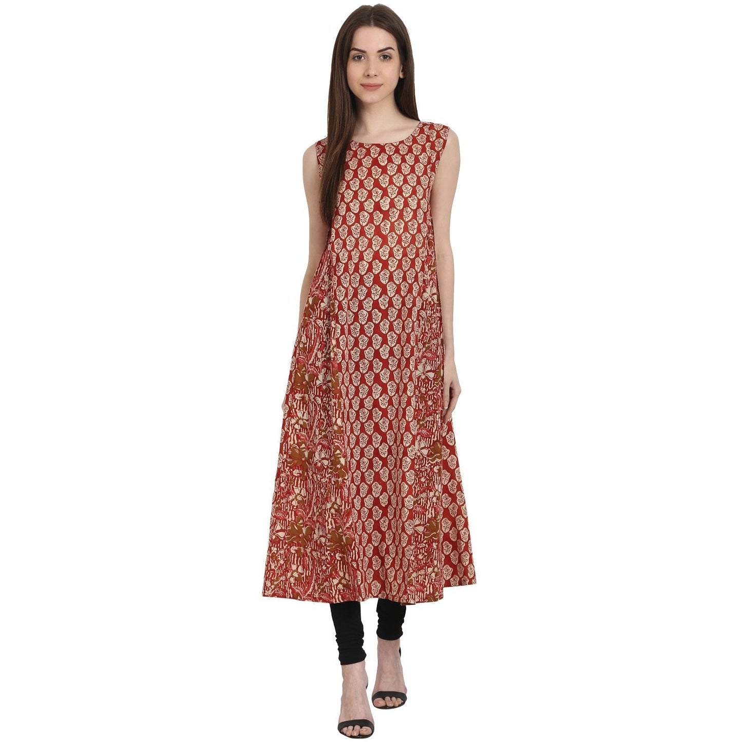 Red Printed Sleevless Cotton A-Line Kurta | LASVINI - Redefining Indian Fashion with Elegance