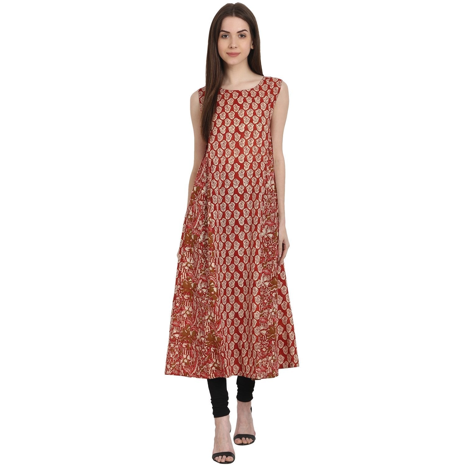 Red Printed Sleevless Cotton A-Line Kurta | LASVINI - Redefining Indian Fashion with Elegance