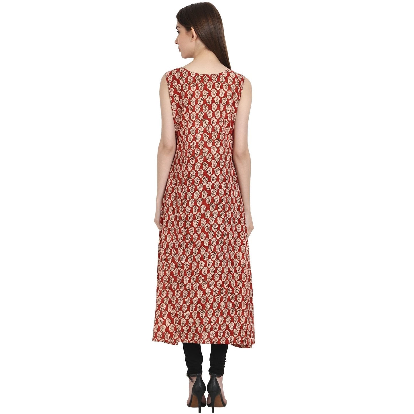 Red Printed Sleevless Cotton A-Line Kurta | LASVINI - Redefining Indian Fashion with Elegance