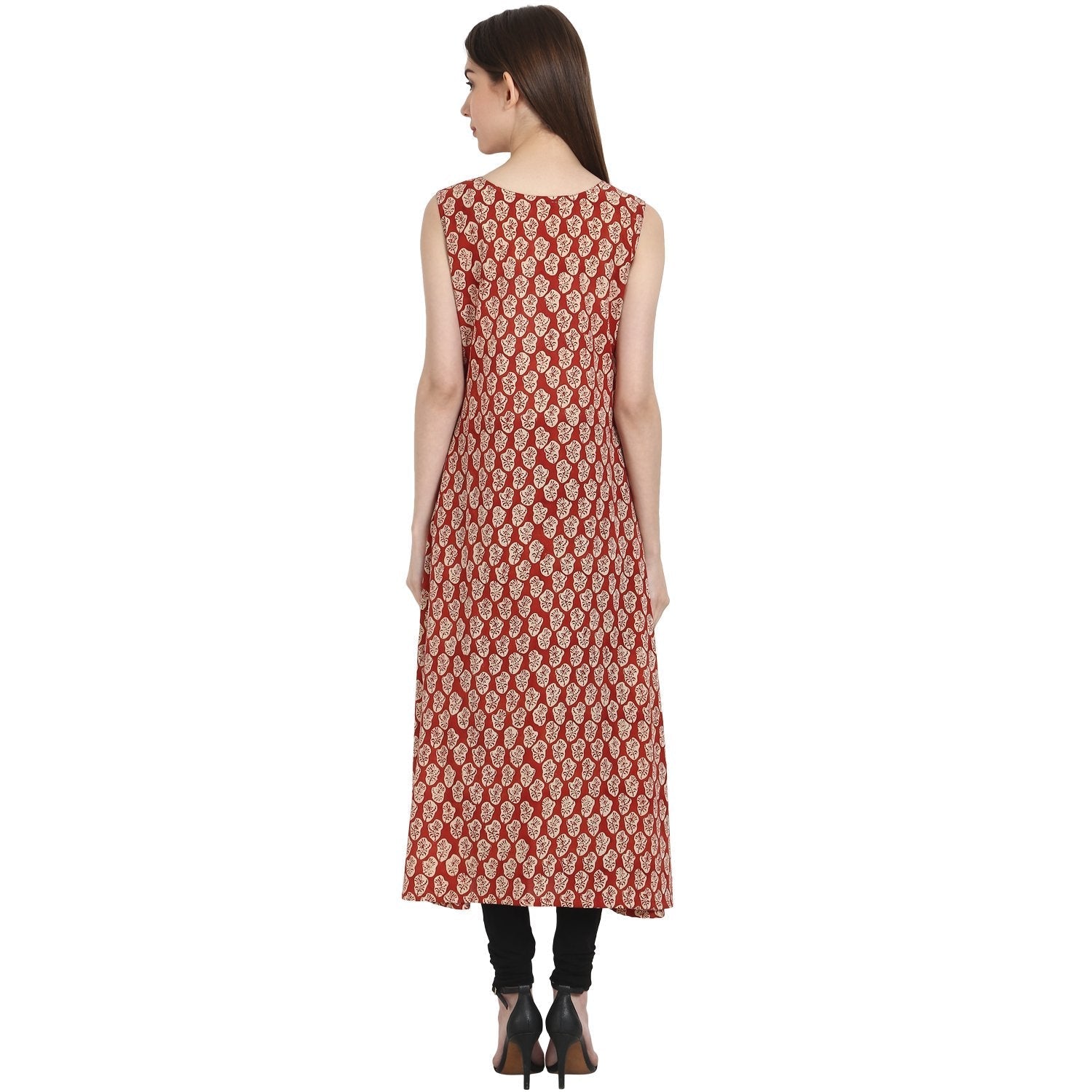 Red Printed Sleevless Cotton A-Line Kurta | LASVINI - Redefining Indian Fashion with Elegance