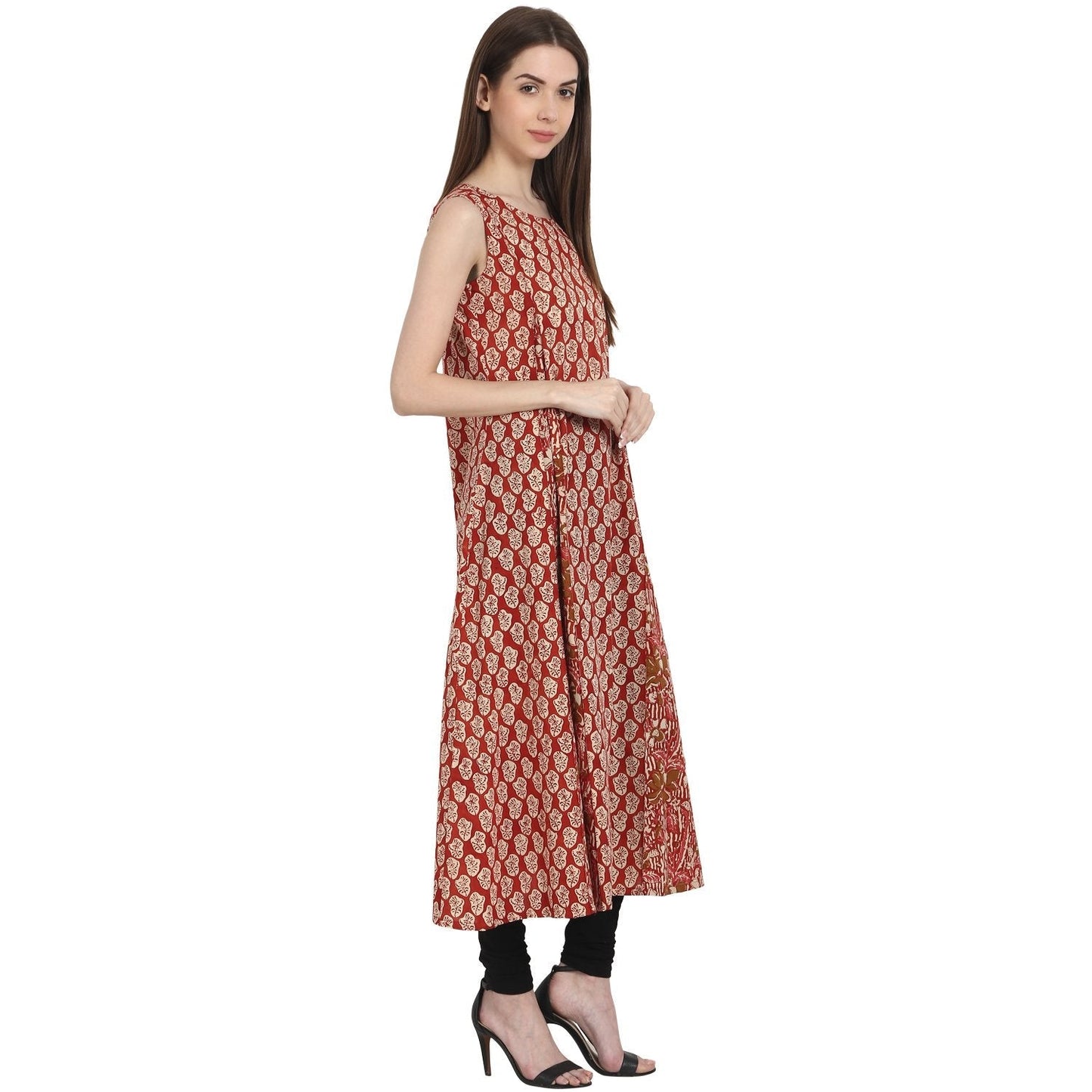 Red Printed Sleevless Cotton A-Line Kurta | LASVINI - Redefining Indian Fashion with Elegance