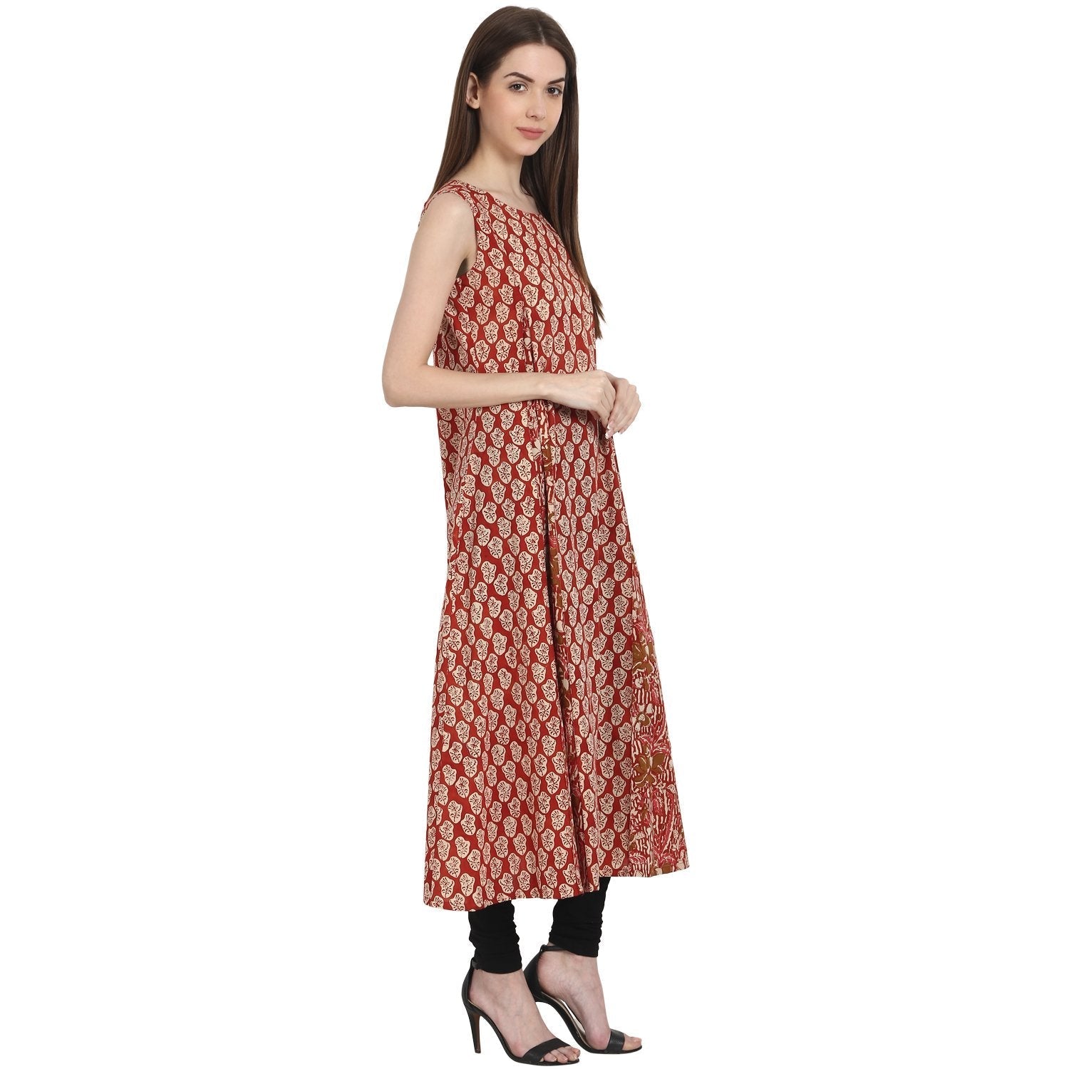 Red Printed Sleevless Cotton A-Line Kurta | LASVINI - Redefining Indian Fashion with Elegance