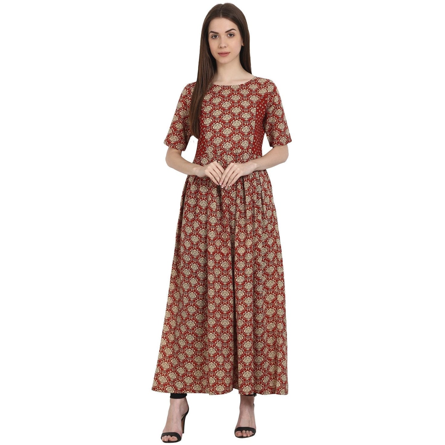 Red Printed Half Sleeve Cotton Anarkali Kurta | LASVINI - Redefining Indian Fashion with Elegance