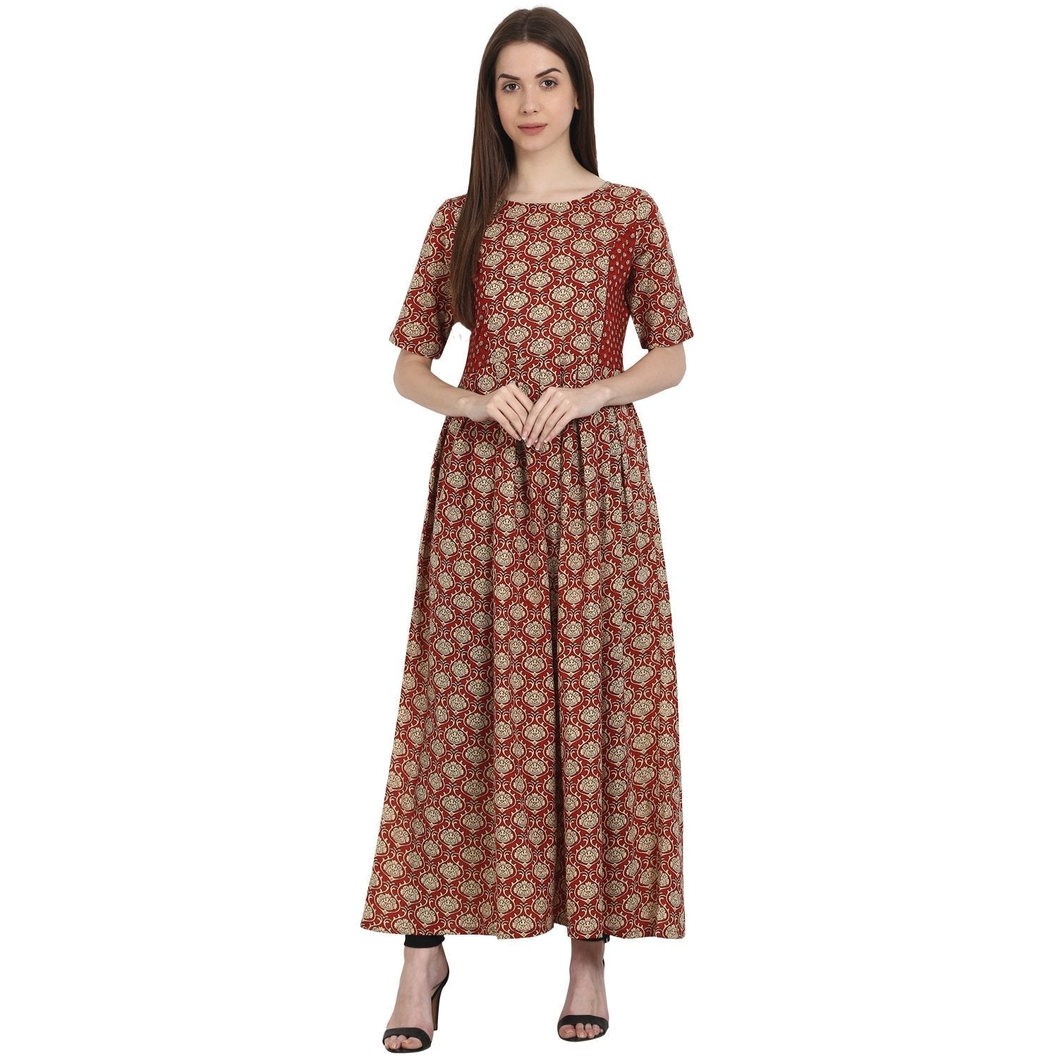 Red Printed Half Sleeve Cotton Anarkali Kurta | LASVINI - Redefining Indian Fashion with Elegance