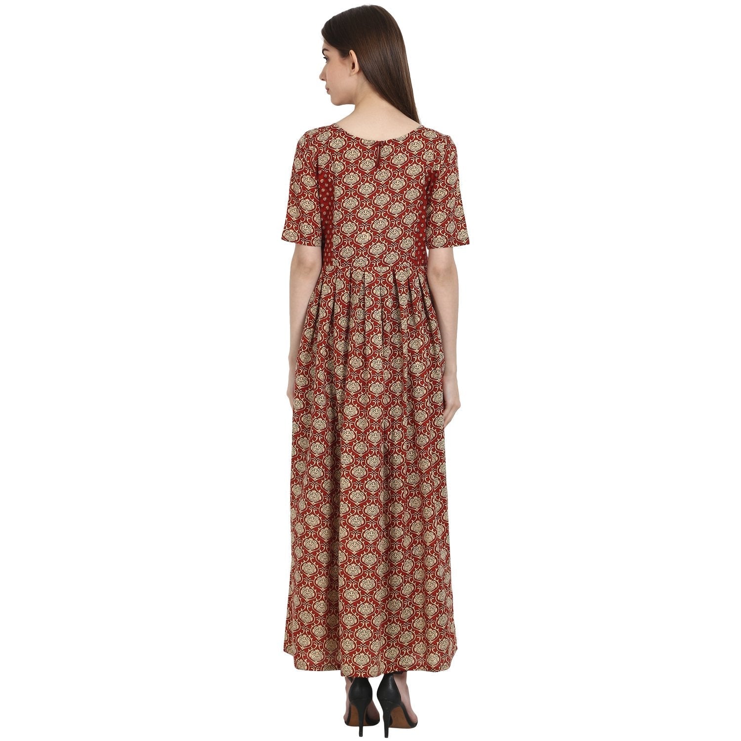 Red Printed Half Sleeve Cotton Anarkali Kurta | LASVINI - Redefining Indian Fashion with Elegance