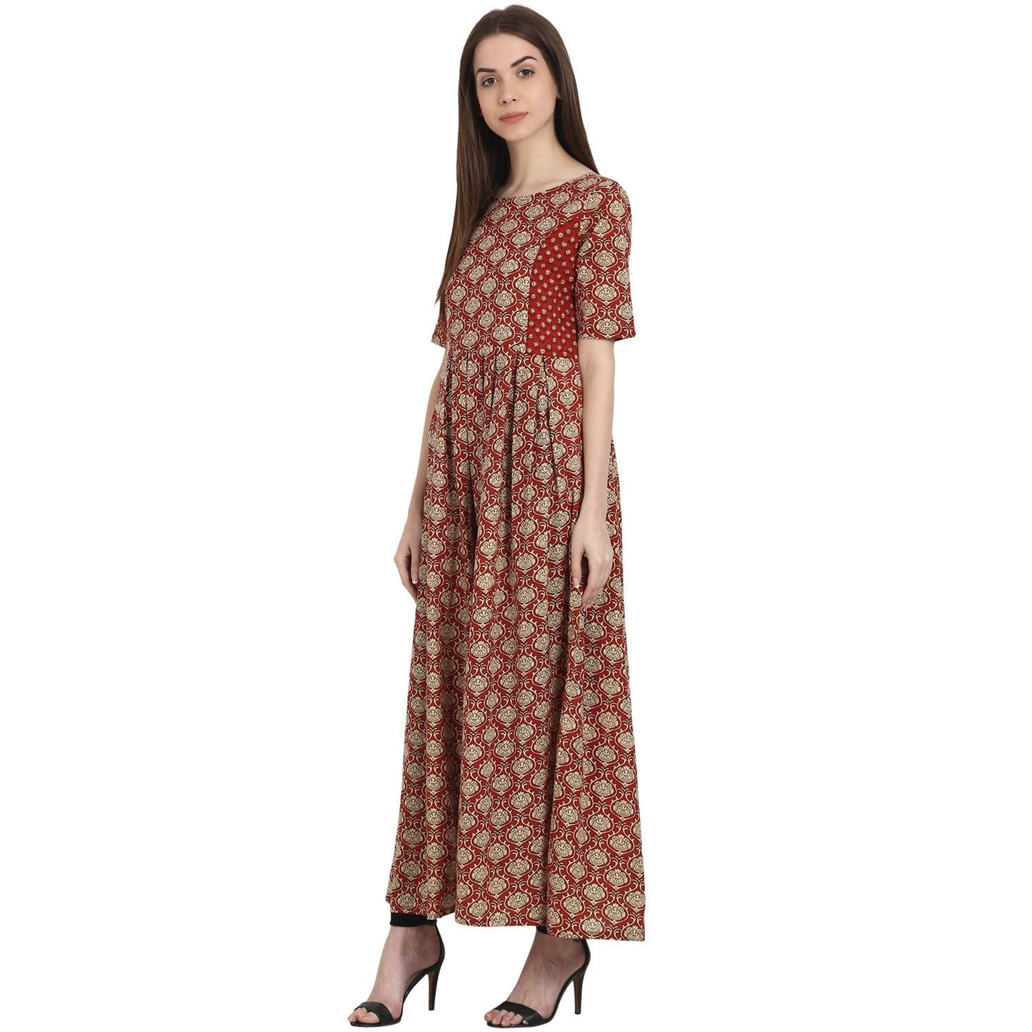 Red Printed Half Sleeve Cotton Anarkali Kurta | LASVINI - Redefining Indian Fashion with Elegance