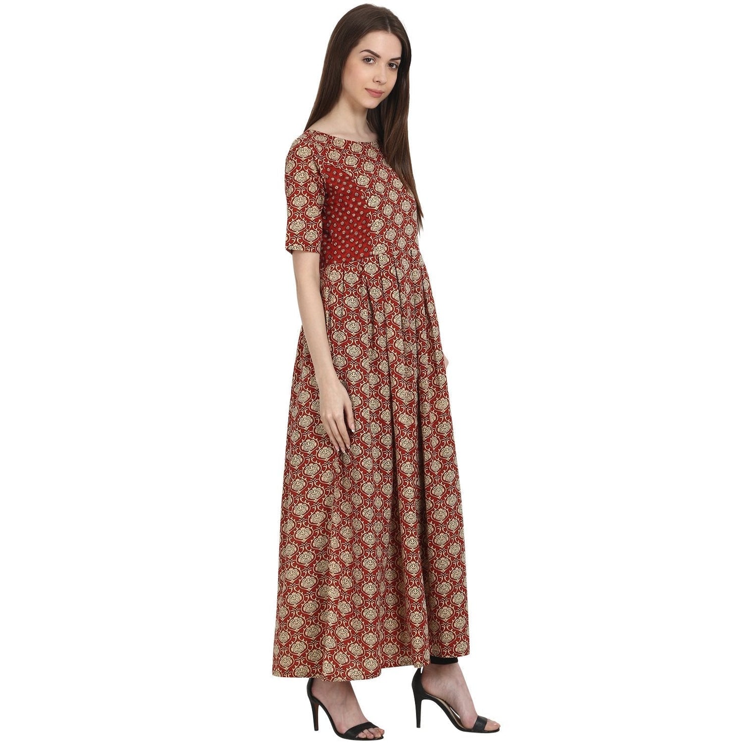 Red Printed Half Sleeve Cotton Anarkali Kurta | LASVINI - Redefining Indian Fashion with Elegance