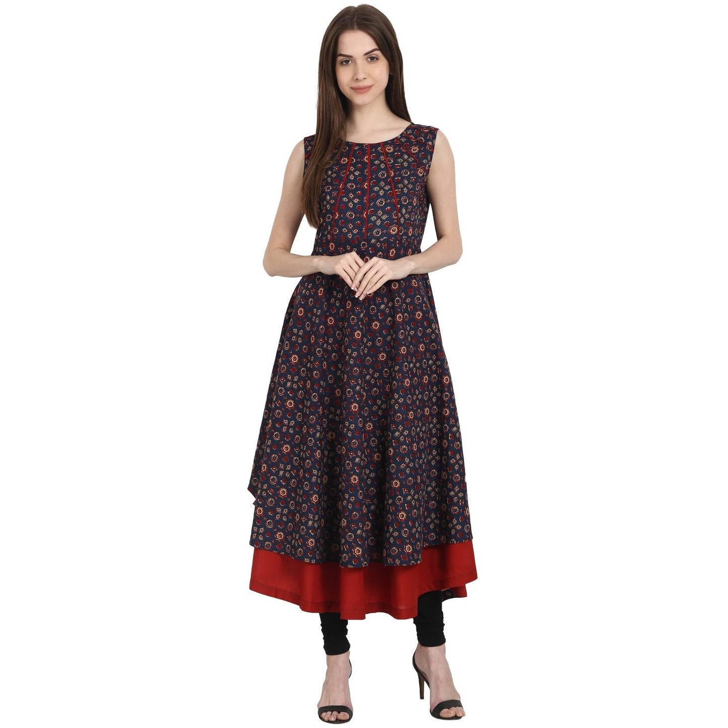 Multi Printed Sleevless Cotton Anarkali Kurta With Red Inner | LASVINI - Redefining Indian Fashion with Elegance